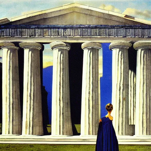 Prompt: a woman in a long dark blue dress is standing in front of a greek temple, by carel willink