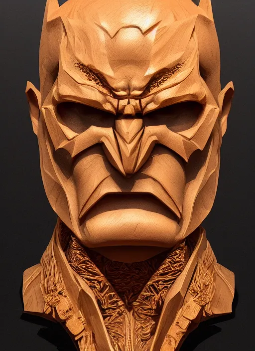 Image similar to high intricate bust of an batman carved from wood in baroque style, studio light, maria panfilova, andrea savchenko, mike kime, ludovic plouffe, qi sheng luo, oliver cook, trending on artstation