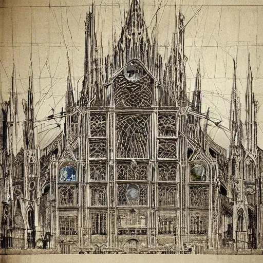 Image similar to leonardo da vinci intricate full page blueprint of concept an enormous cathedral facade, covered with different types of antennas, light signage, luminous advertisements, satellite dishes, hyper detailed, ultra - detailed technical precision, hypermaximalist, elegant, ornate, symmetrical, akira, ghost in the shell, cinematic lighting,, intricate, 8 k, night