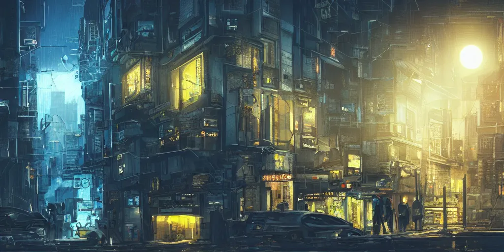 Prompt: small building, city, street view, science fiction, cyberpunk, wide angle, full of people, moon, a lot of yellow lights, cinematic lighting, high detail, digital painting, concept art, illustration, smooth, sharp focus, trending on artstation, trending on deviantart, 4 k