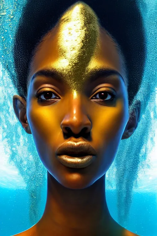 Image similar to hyperrealistic precisionist cinematic underwater scene with fish and algae, very expressive! translucent elegant african goddess, full body, gold jewerly, highly detailed face, digital art masterpiece, eric zener aykut aydogdu, volumetric light, long shot, low angle uhd 8 k, sharp focus