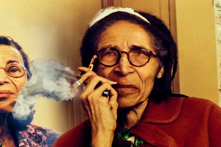 Prompt: Rosa Parks smoking cannabis from a bong , next to Bob Marley; cinema film; art direction; 4K; 8K; dramatic Studio lighting by John Gaeta