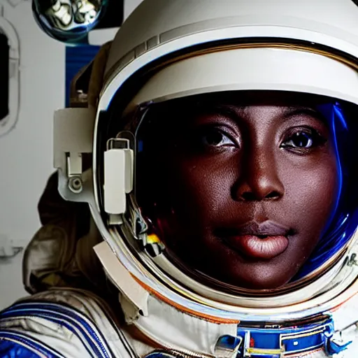 Prompt: “dark skinned astronaut wearing translucent helmet waving at the international space station nigerian woman facial features highly detailed professional photography 400mm fisheye in the style of Edward hooper”