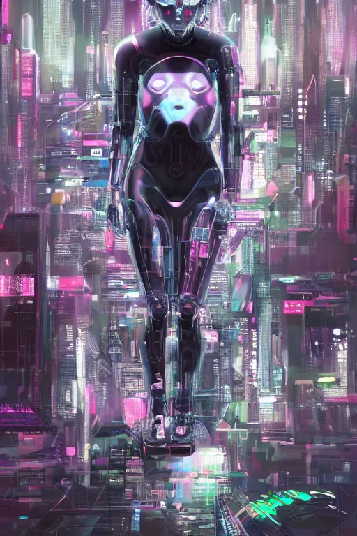 Prompt: Ghost in the shell 2017, cybernetic android asian black bear, full body pose, half robot half bear, future tech, cyber punk, neon, hyperrealist highly intricate, trending on art station, 8K