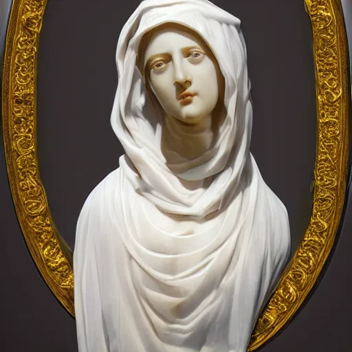 Prompt: a masterpiece marble sculpture of the veiled virgin, subsurface scattering, !face, !female, covered in intricate !detailed golden streaked !!!!!sheer veil , physically based rendering, photo realistic, top light , dark background