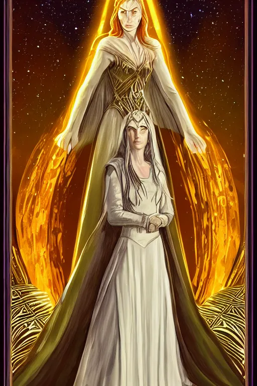 Image similar to tarot illustration of galadriel as the empress by artstation