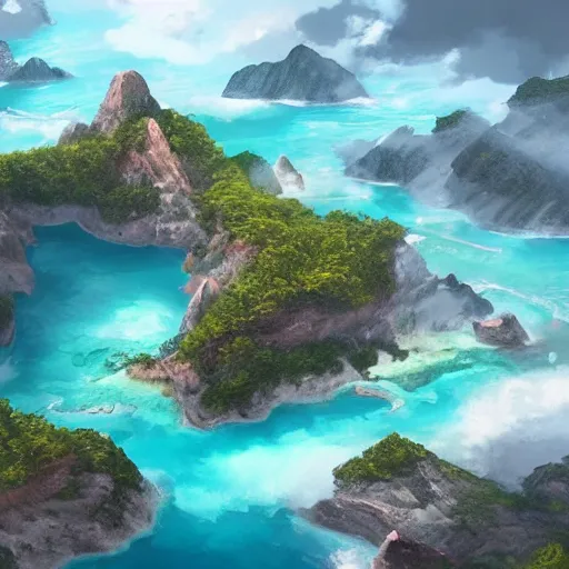 Image similar to a tropical archipelago of three large islands surrounded by a ring of other islands and mountains, fantasy art, cinematic volume lighting, 4k, illustration, epic scene, trending on artstation, art by Sebastian Luca