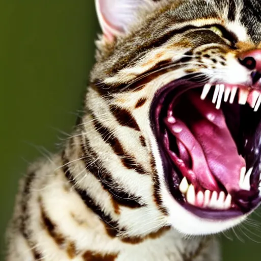 Image similar to closeup of an angry, hissing cat with fangs bared. it has luxuriant fur. highly detailed photograph