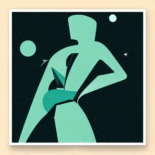 Image similar to “ femme on a galactic shore, noir, solid shapes, geometric art deco, teal palette, plain, no fine details, isaac asimov ”