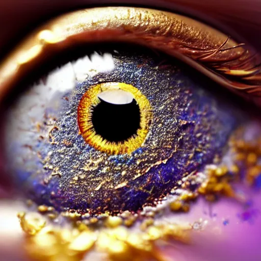 Image similar to a extremely detailed close up picture of an eye, it is made of gold powder, beautiful, colorful, macro photography