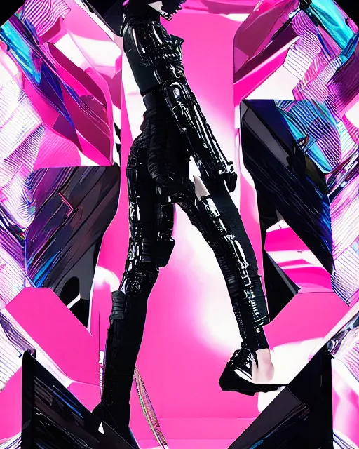 Prompt: an award winning fashion photograph for Balenciaga's futuristic cyberpunk Bladerunner 2049 fall corporate line by Artgerm, dazzle camouflage!, dayglo pink, dayglo blue, raven black, the Matrix