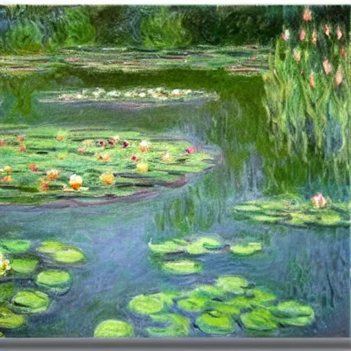 Prompt: some lovely waterlilies in a pond in the garden in france, by monet