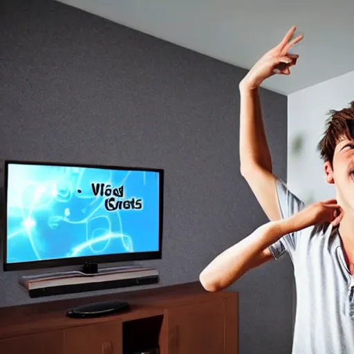 Image similar to a young man with brown hair reads a message on his TV and is super happy, and dancing on the ceiling, because he gets free Xbox game upgrades on his computer, realistic photo