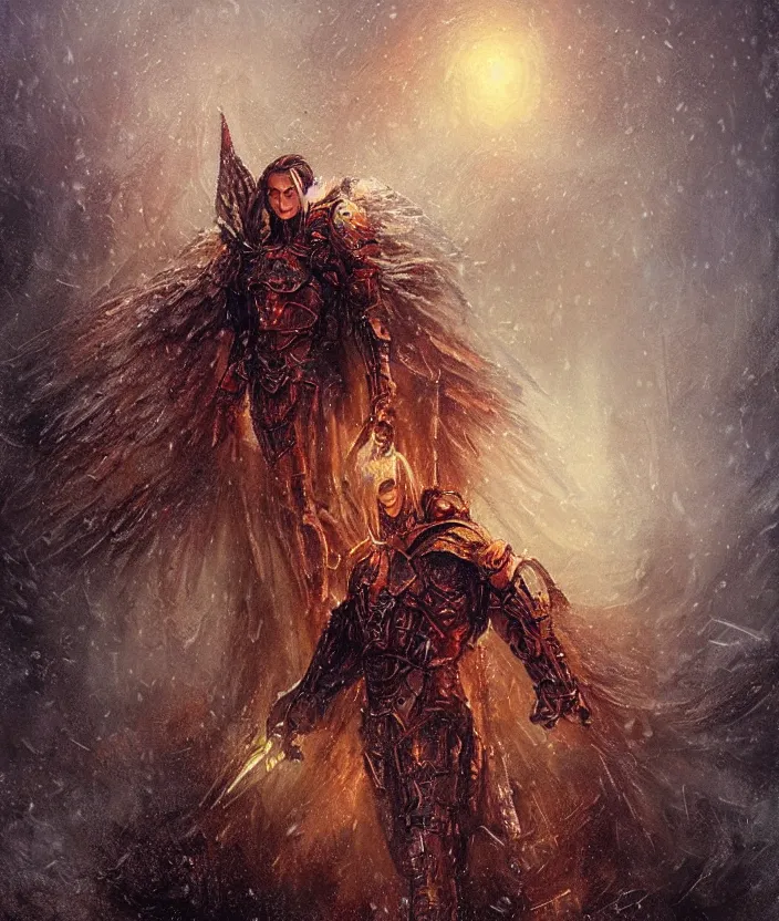 Prompt: armored angel warrior in a snowstorm, mysterious, fantasy artwork, warm colors, by seb mckinnon