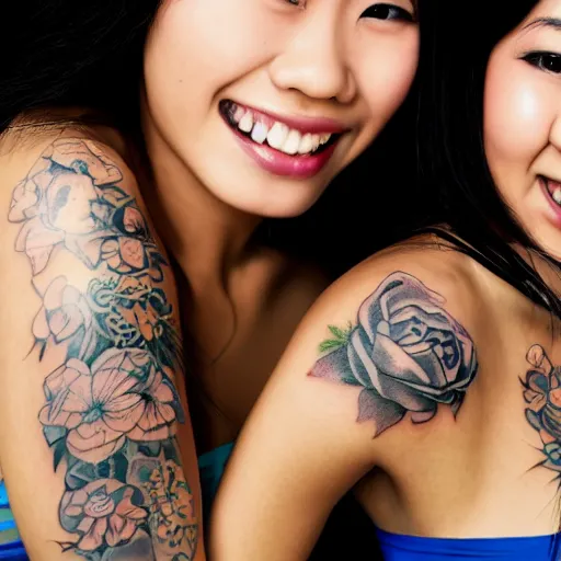 Prompt: Group of beautiful young asian women covered in large tattoos having fun at the beach. High detail, studio lighting, closeup