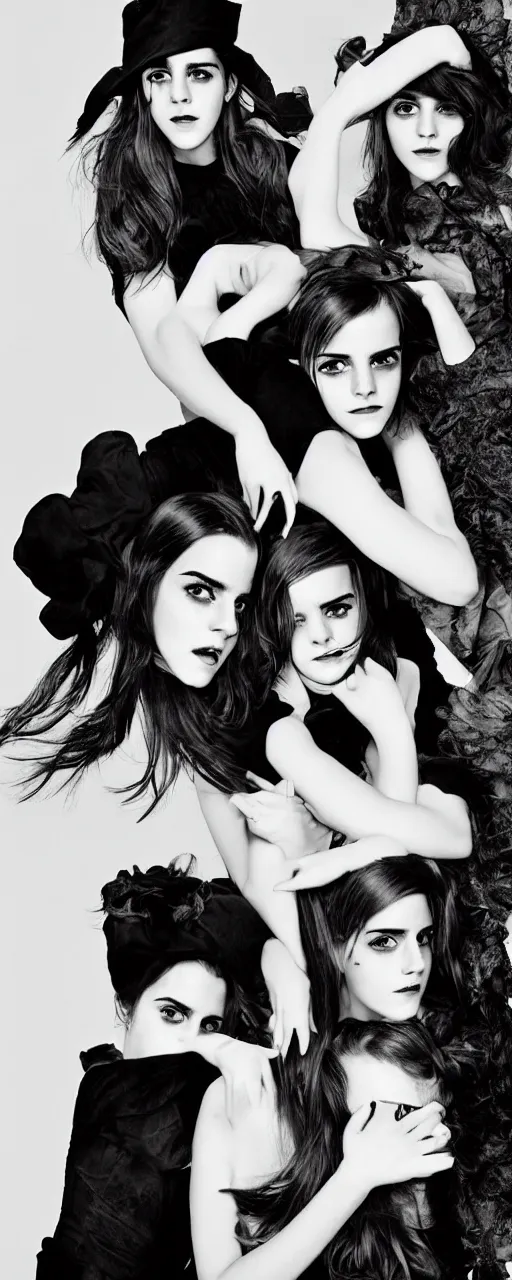 Image similar to Emma Watson and her twin sisters closeup face with pouting lips, shoulders, very long hair hair wearing an oversized Beret, wearing a mandelbrot fractal biomechanical sculpture mask, elegant Vogue fashion shoot by Peter Lindbergh fashion poses detailed professional studio lighting dramatic shadows professional photograph by Cecil Beaton, Lee Miller, Irving Penn, David Bailey, Corinne Day, Patrick Demarchelier, Nick Knight, Herb Ritts, Mario Testino, Tim Walker, Bruce Weber, Edward Steichen, Albert Watson