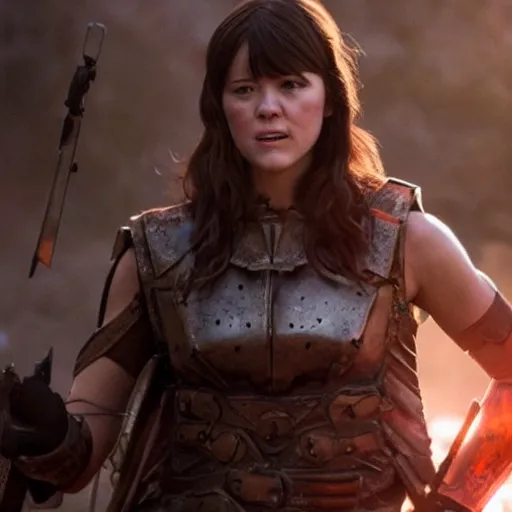 Image similar to mary elizabeth winstead as a warrior in a scifi battlefield