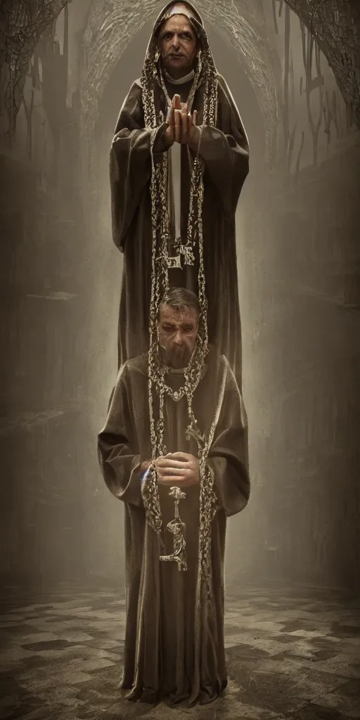 Prompt: !dream a highly realistic and detailed full Priest standing in a dark dirty basement holding a rosary, wide angle 70mm lens, volumetric haze, front facing camera, symmetrical, photorealistic, insanely detailed and intricate, epic, hyper realistic, elegant, ornate, elite, horror, creepy, ominous, haunting, cinematic lighting, unreal engine, cinematic centered camera, high detail, no blur, unreal engine 8k