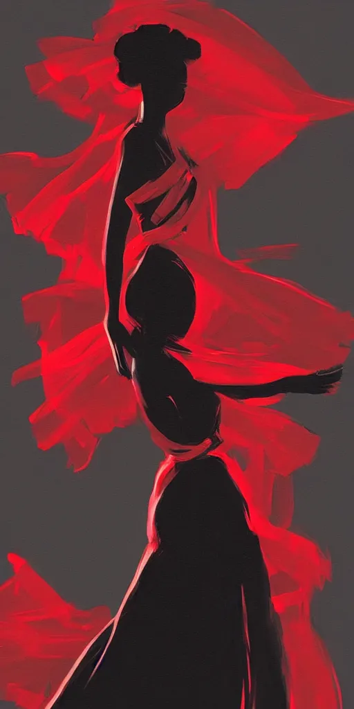 Prompt: red illustration a of woman in dress dancing on a black background, patrick westwood style, red series style, artstation trending, high detail, soft light, black background