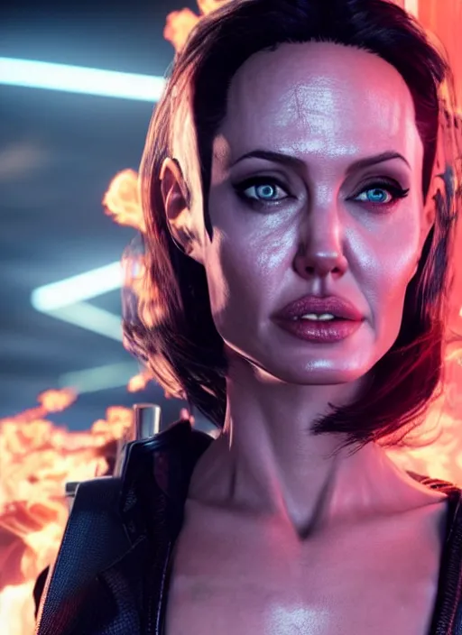 Image similar to film still of Angelina Jolie as Johnny Silverhand in Cyberpunk 2077, gameplay, 8k, HD