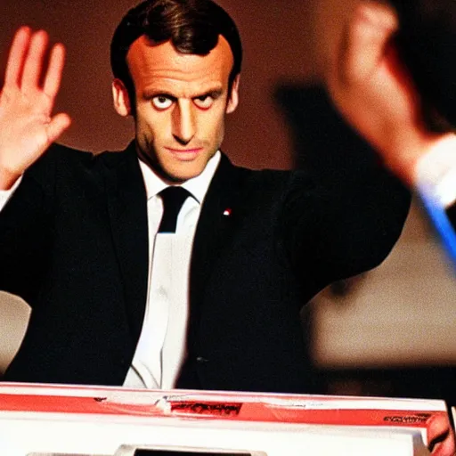 Prompt: Emmanuel Macron inside a shoe box American Psycho (1999)