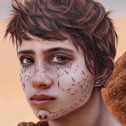 Image similar to a detailed portrait of a boy with a face tattoo in the desert, fantasy art illustration, incredibly highly detailed and realistic, 8 k, sharp focus