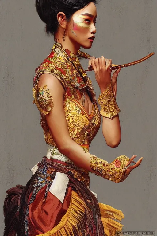 Image similar to portrait of an indonesian supermodels wearing traditional costume, highly detailed, digital painting, artstation, concept art, sharp focus, illustration, art by kittichai rueangchaichan and james gurney and alphonse mucha