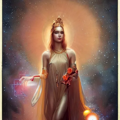 Prompt: cosmic teenage goddess of sparklings by tom bagshaw