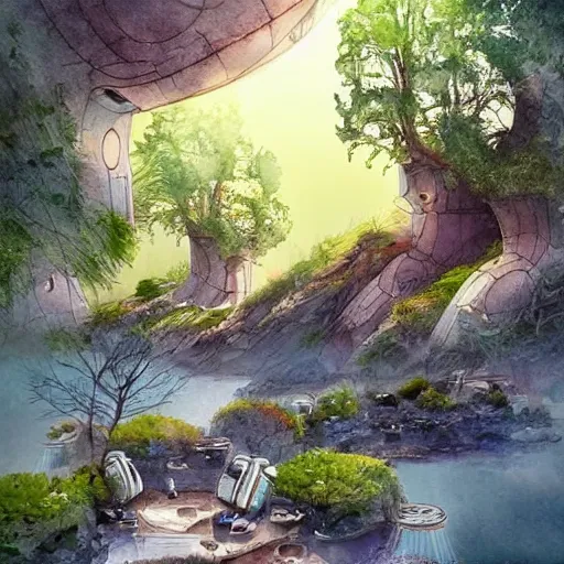 Image similar to beautiful happy picturesque charming sci - fi organic pod - like homes of the future in a beautiful natural scene. water, trees and rocks. beautiful light. soft colour scheme. beautiful artistic detailed watercolor by lurid. ( 2 0 2 2 )