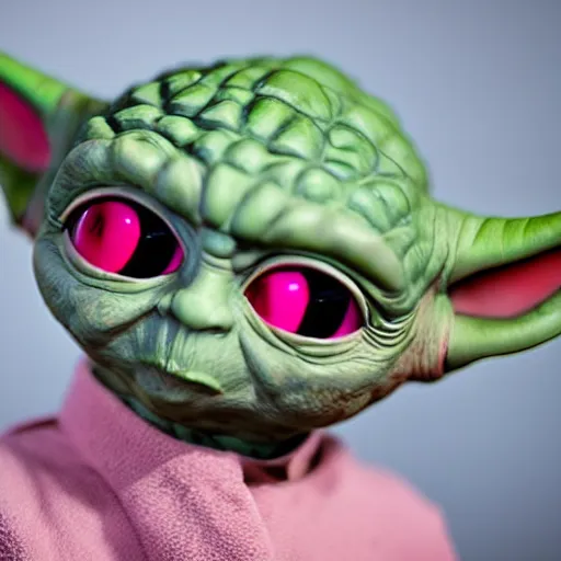 Image similar to yoda with pink eyes