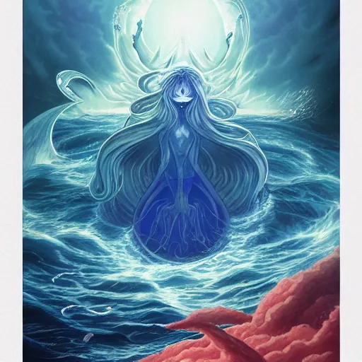 Prompt: Celestial reaper ghost with glowing eyes in the vastness of the ocean, highly detailed illustrated poster, by Kohei Horikoshi and Peter Mohrbacher, a background of pure ocean beauty by Kelly Mckernan