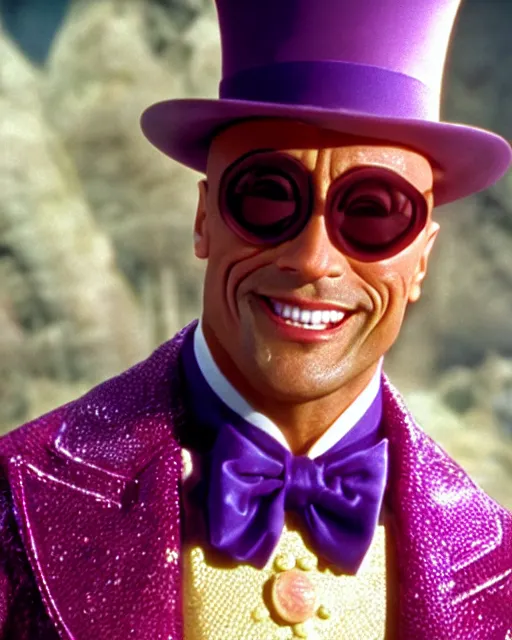 Image similar to Film still close-up shot of Dwayne Johnson as Willy Wonka from the movie Willy Wonka & The Chocolate Factory. Photographic, photography