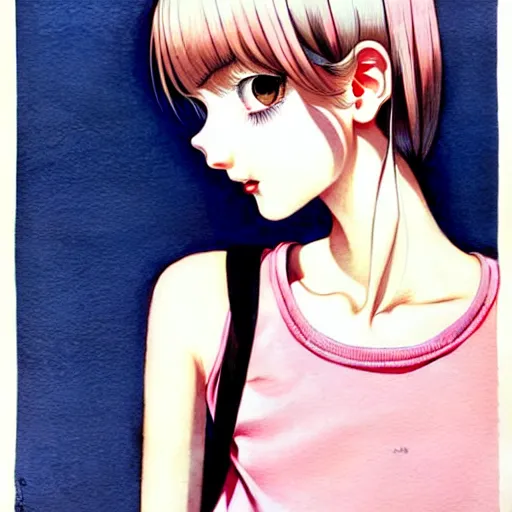 Image similar to richly detailed color  illustration of a dainty pretty young woman wearing a tank top, 'go-go' is the theme, very soft shadowing, smooth textures, large scale image. art by Range Murata.