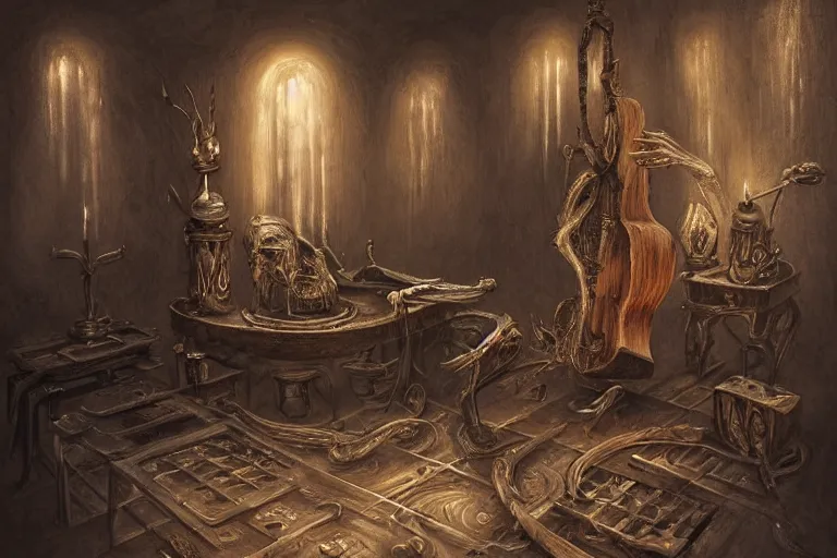 Image similar to still life of a cursed carved wooden baroque demonic oud with ebony inlay and strings of pain, designed by brian froud and hr giger leans against the wall alone, abandoned. an empty brutalist chamber, lonely, somber, a thin wisp of smoke rises from the lute. late afternoon lighting cinematic fantasy painting by jessica rossier