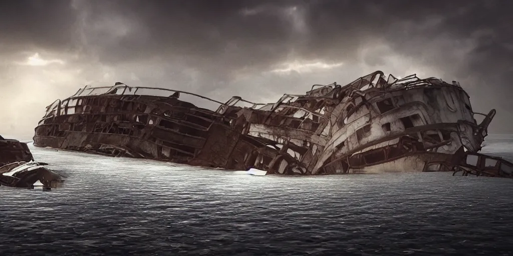 Prompt: sunken cruise ship, dark, thunderstorm unreal engine Hight detailed An epic fantastic realism dinamic lighting