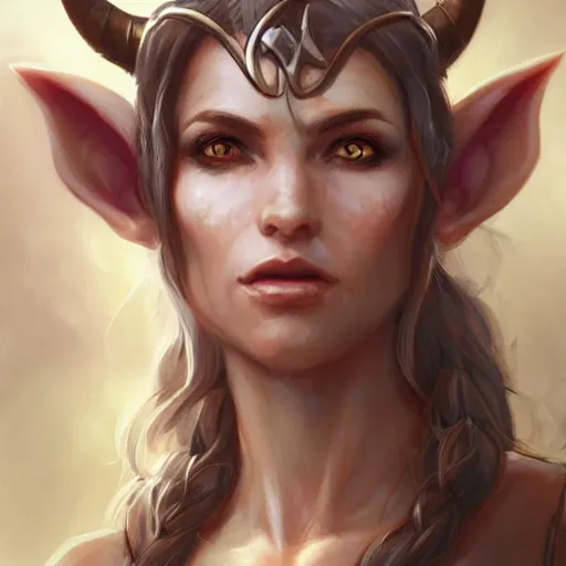 Prompt: cute Whimsical Tiefling Druid with cute horns , light-brown skin, D&D, fantasy, portrait, highly detailed, digital painting, artstation, concept art, sharp focus, illustration, art by artgerm and greg rutkowski and magali villeneuve