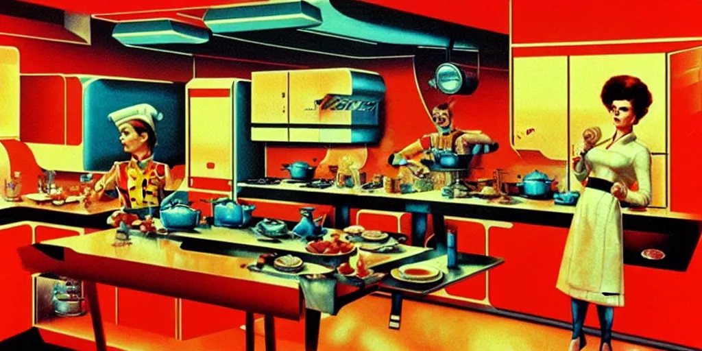 Image similar to soviet retro - futuristic kitchen by drew struzan