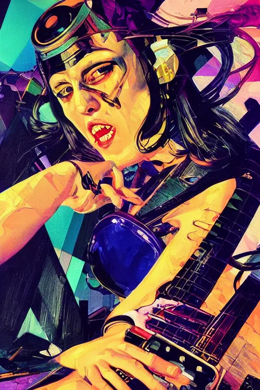 Prompt: wideangle action, portrait of a crazy heavy metal guitarist girl, decoherence, synthwave, glitch!!, fracture, vortex, realistic, hyperdetailed, concept art, golden hour, art by syd mead, cubism