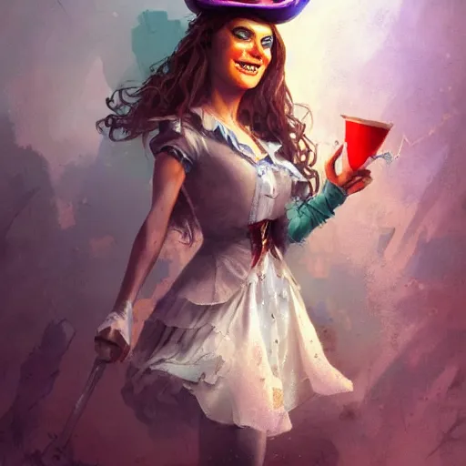 Image similar to realistic, full body portrait, attractive crazy female mad hatter, by Jordan Grimmer and greg rutkowski, crisp lines and color,