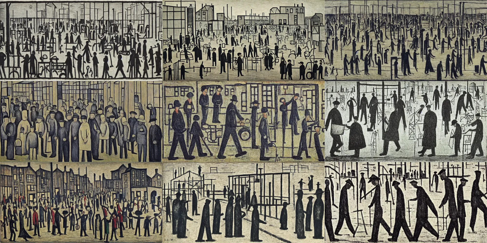 Prompt: “factory workers coming out, L. S. Lowry”