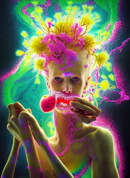 Prompt: hyper detailed 3d render like a Oil painting - Yolandi Visser seen Eating of the Strangling network of yellowcake aerochrome and milky Fruit and Her delicate Hands hold of gossamer polyp blossoms bring iridescent fungal flowers whose spores black the foolish stars by Jacek Yerka, Mariusz Lewandowski, Houdini algorithmic generative render, Abstract brush strokes, Masterpiece, Edward Hopper and James Gilleard, Zdzislaw Beksinski, Mark Ryden, Wolfgang Lettl, hints of Yayoi Kasuma, octane render, 8k