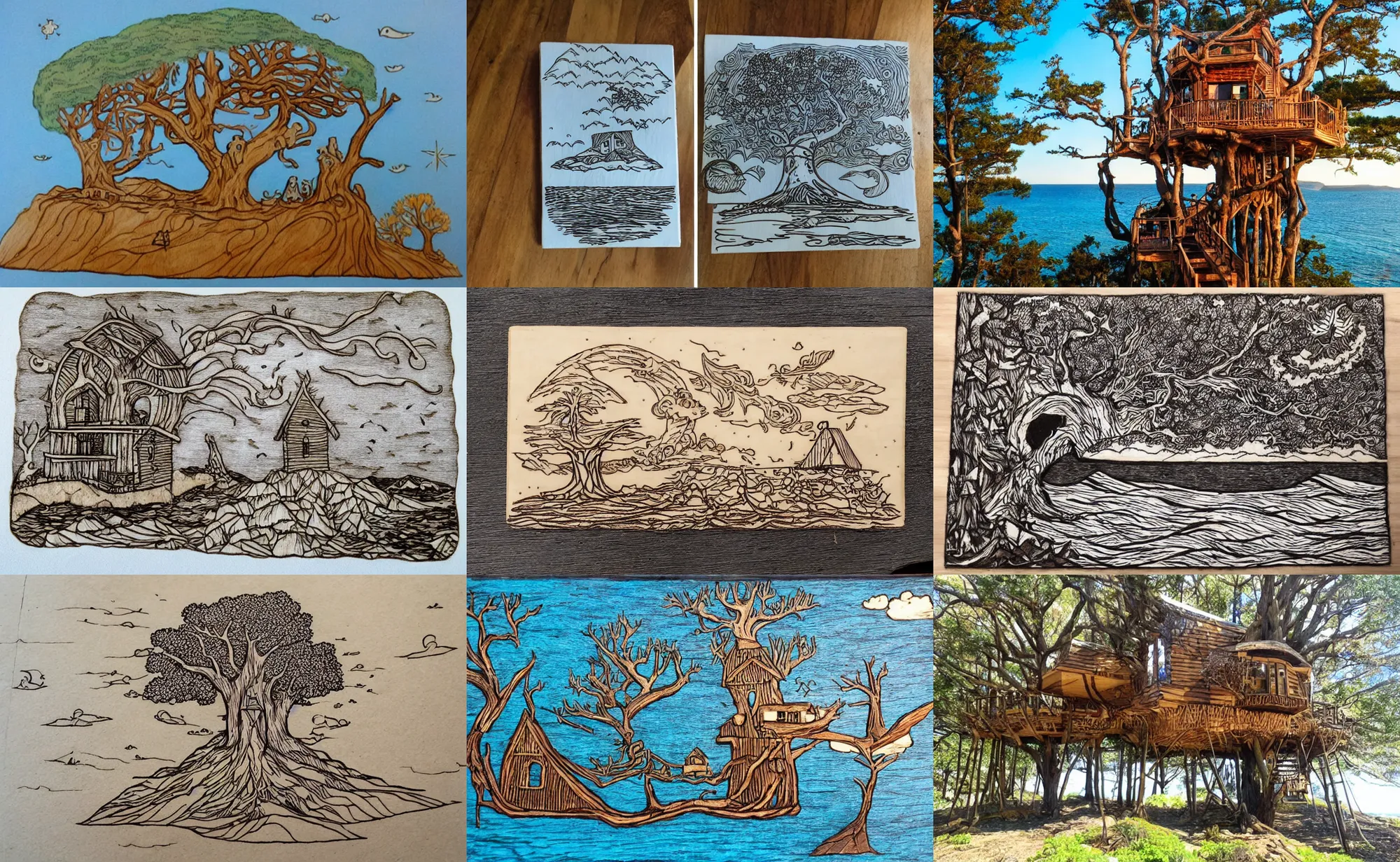 Prompt: woodburning style of a mystical island treehouse on the ocean