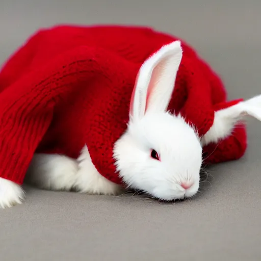 Prompt: A photograph of a tired albino bunny wearing a red sweater.