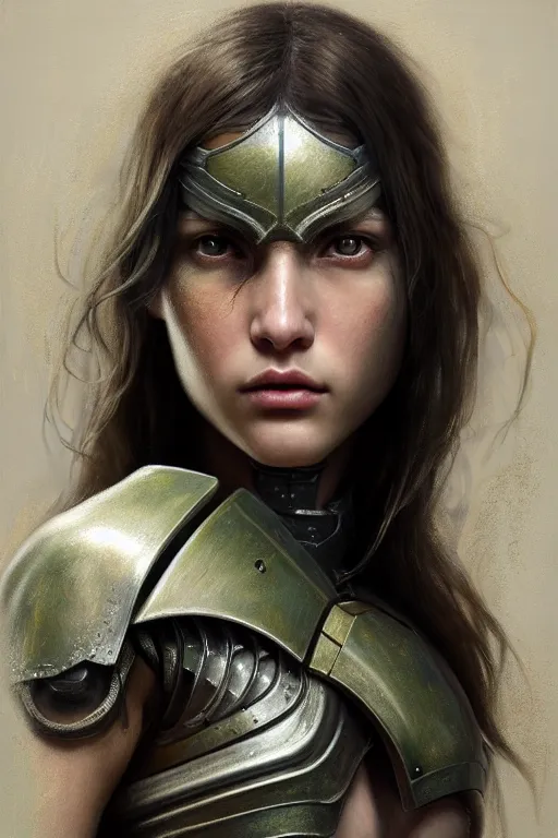 Image similar to a photorealistic painting of an attractive young girl, partially clothed in metal-plated battle armor, olive skin, long dark hair, beautiful bone structure, symmetrical face, perfect eyes, intricate, elegant, digital painting, concept art, illustration, sharp focus, minimal artifacts, from Metal Gear, in the style of Ruan Jia and Mandy Jurgens, by Greg Rutkowski, trending on Artstation, award winning