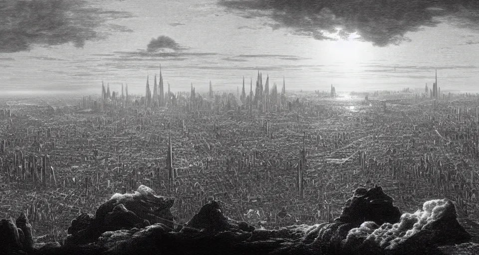 Prompt: view on futuristic city in the horizon, illustration by gustave dore, detailed, sharp, masterpiece, 8 k