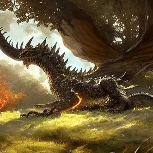 Image similar to A ferocious steel dragon guarding the sacred grove, its scales glistening in the sparse sunlight, DnD digital concept art by Greg Rutkowski