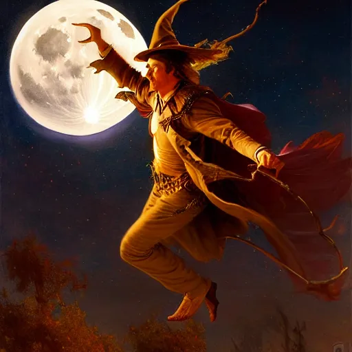 Image similar to attractive male witch magically flying trough the night, fantasy, full moon in background. highly detailed painting by gaston bussiere, craig mullins, j. c. leyendecker 8 k