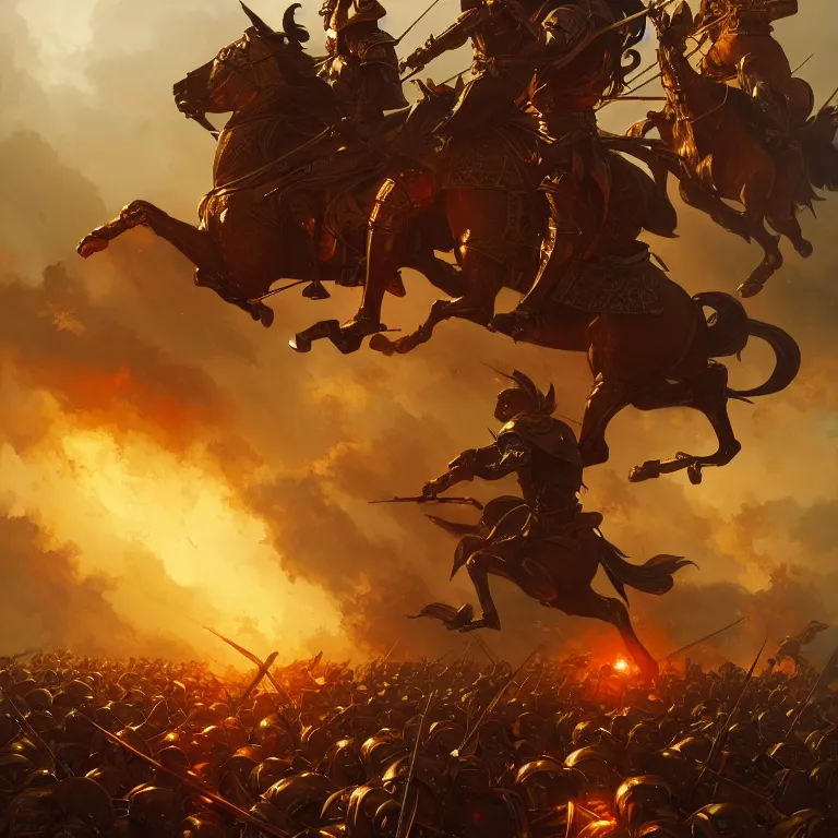 Image similar to battle field of a medieval war between golden soldiers and black red iron soldiers, dramatic lighting, intricate, wild, highly detailed, digital painting, artstation, concept art, smooth, sharp focus, illustration, art by artgerm and greg rutkowski and alphonse mucha