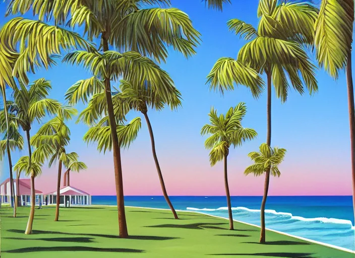 Image similar to houses near the beach, palm trees, vaporwave, kenton nelson,