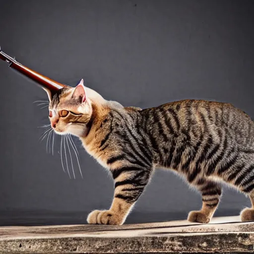 Image similar to A cat firing an AK-47 like a human soldier, award-winning photography